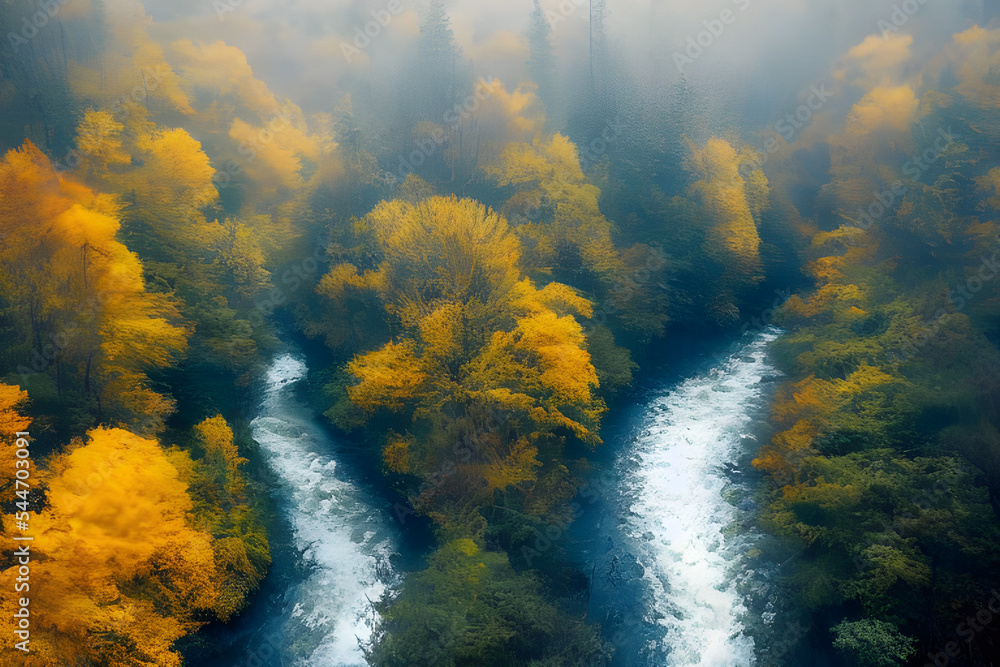 Digital Illustration Realistic Yellow Forest With River