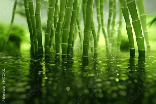 Fototapeta a group of green bamboos floating in a pond of water with a green background and a green grass