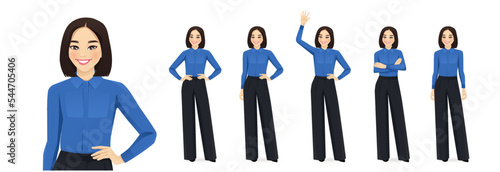 Business asian woman standing in different poses. Isolated vector illustration set.