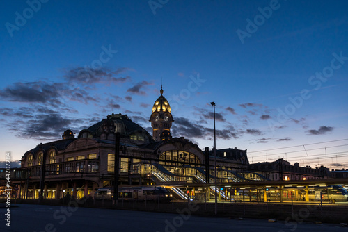 Beautiful Light of Benedictins Train Station of Limoges city at the blue hour
