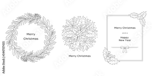 クリスマスのデザイン素材セット, クリスマスリースと挿絵とフレーム, 白背景に黒色の線画. ベクターイラスト. クリスマスカード, フライヤー, バナー, ポスター, 広告, グリーティングカード用のグラフィック. メリークリスマス, ハッピーニューイヤー, ホリデー.