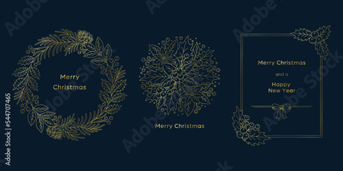 クリスマスのデザイン素材セット, クリスマスリースと挿絵とフレーム, ネイビーの背景にゴールドの線画. ベクターイラスト. クリスマスカード, フライヤー, バナー, ポスター, 広告, グリーティングカード用のグラフィック. メリークリスマス, ハッピーニューイヤー, ホリデー.