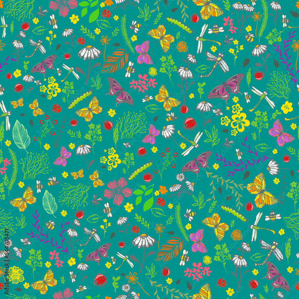 Naklejka premium Seamless botanical background with flowers and butterflies. Vector illustration