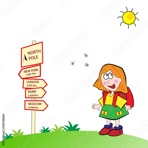 Niña con mochila y carteles informativos.
