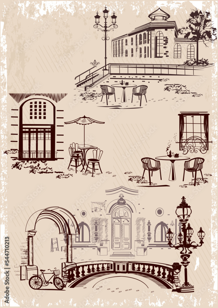Series of backgrounds decorated with flowers, old town views and street cafes. Café window.   Hand drawn vector architectural background with historic buildings in lines.
