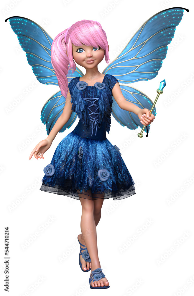 Fairy with magic wand and butterfly wings walking. Cartoon style 3D render. Fairy with magic wand and butterfly wings walking. Cartoon style 3D render.