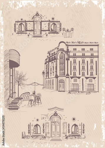 Series of backgrounds decorated with flowers, old town views and street cafes. Café window.   Hand drawn vector architectural background with historic buildings in lines.
