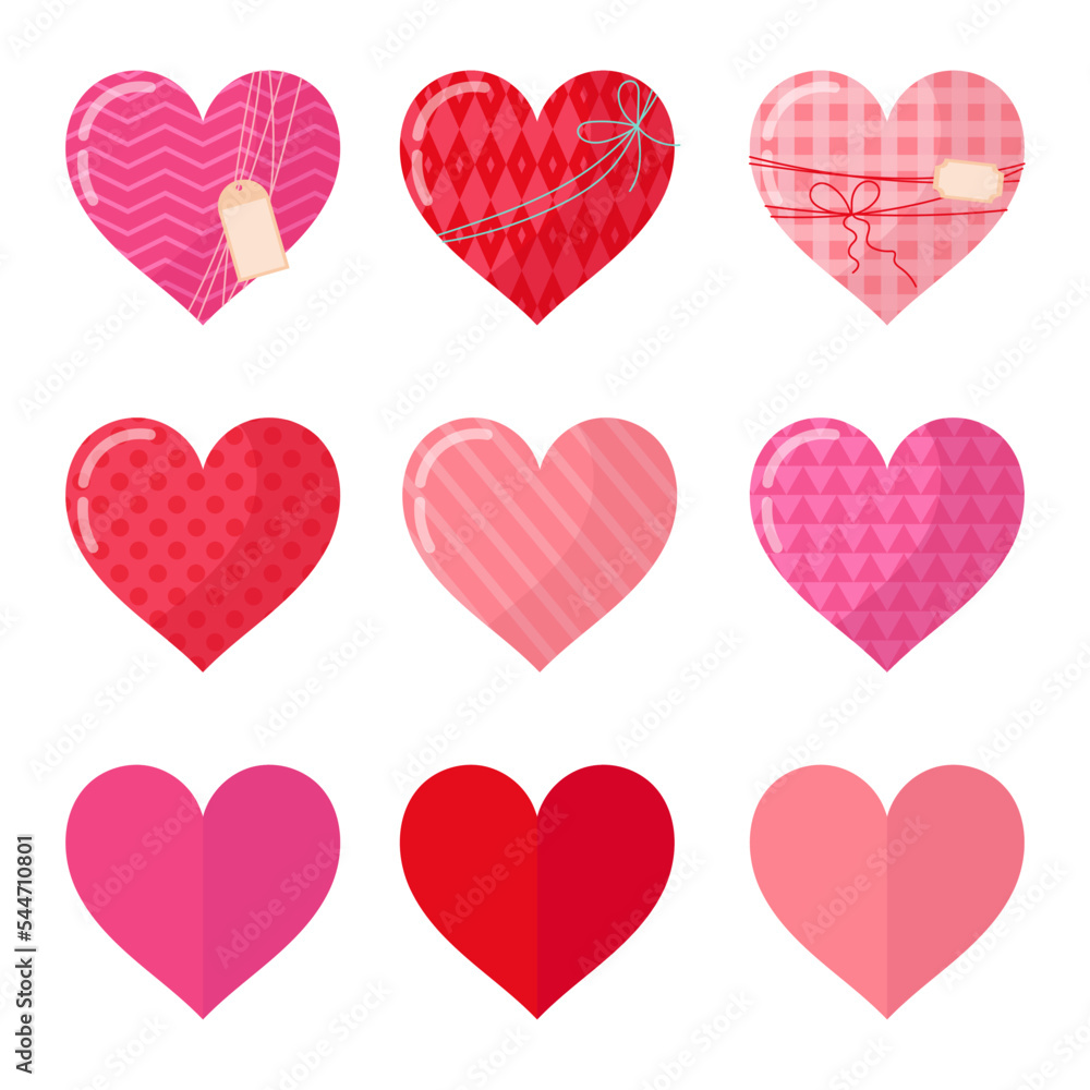 Vector set of illustrations of hearts. Decorative hearts in flat style. Symbol of love.