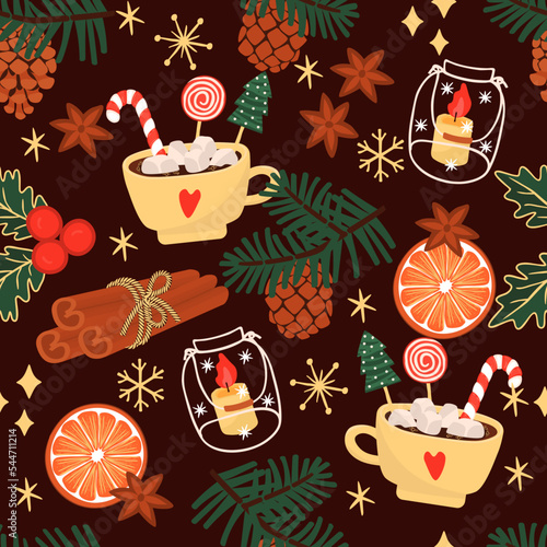 Christmas seamless pattern with cup of coffee and orange.Winter drink with marshmallows and caramel, pine branches, candles, anise stars,holly and cinnamon sticks.Brown background.Vector  print.