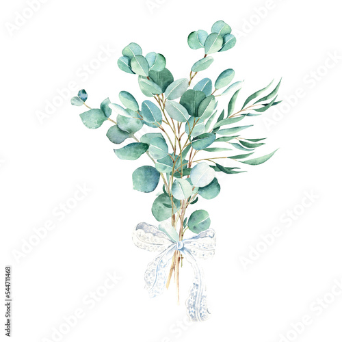 Eucalyptus watercolor bouquet. Willow, silver dollar, true blue branches with white lace bow. Hand drawn botanical illustration isolated on white background. Can be used for greeting cards, posters