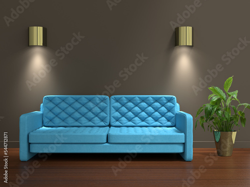 3d illustration of blue sofa in living room with plant