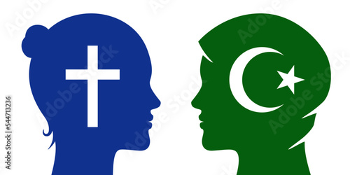 Christian and Muslim women relations concept vector illustration. Different religion female multicultural or religious discussion, meeting, point of view dialogue banner design.