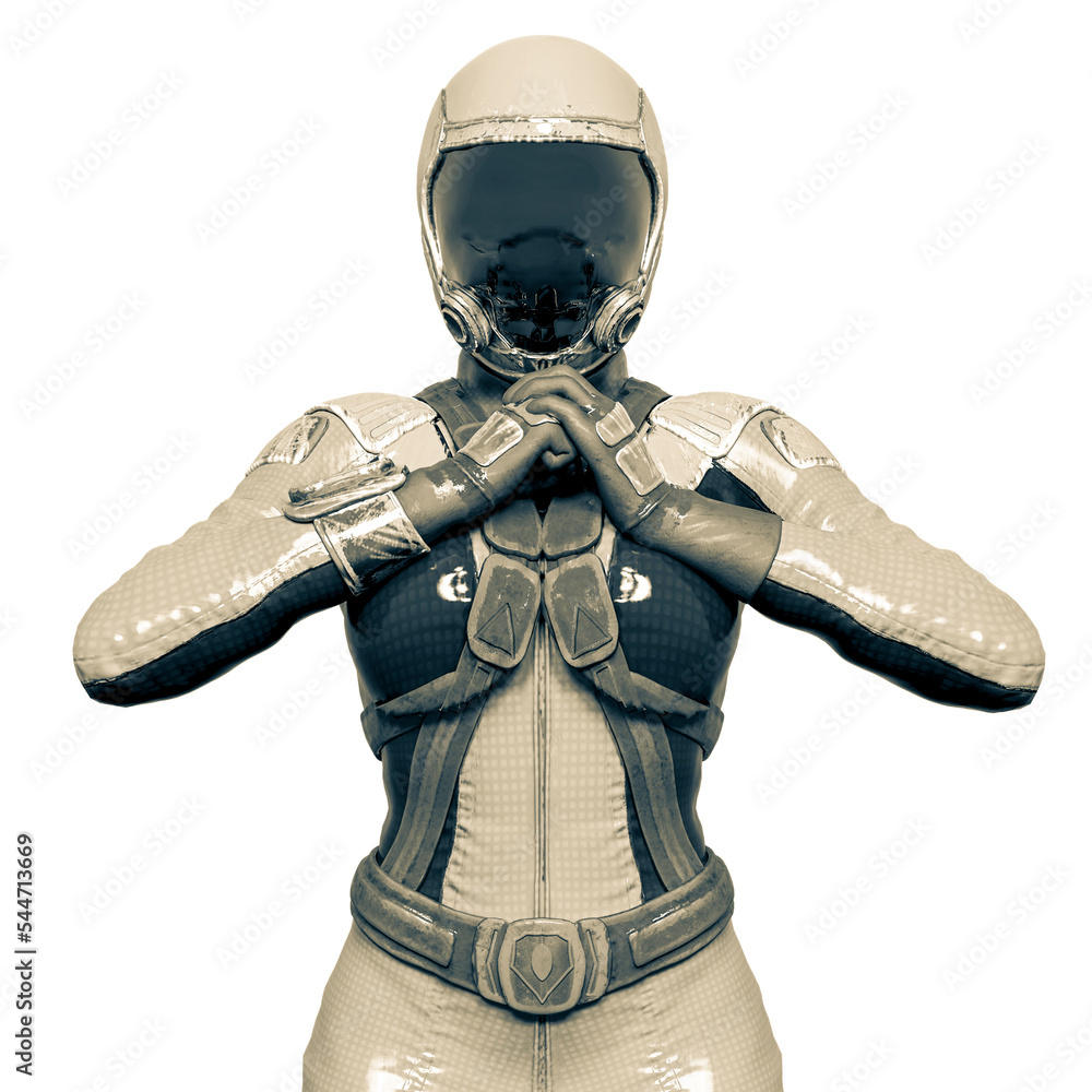 cosmonaut girl is ready to fight on white background - obrazy, fototapety, plakaty 