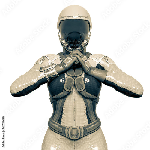 cosmonaut girl is ready to fight on white background