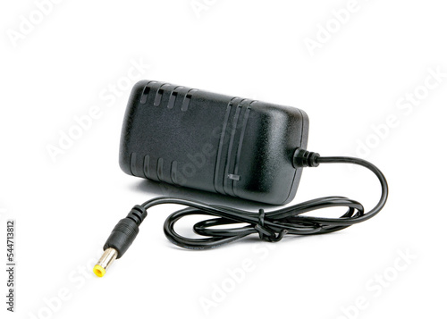 the power adapter is black on a white background