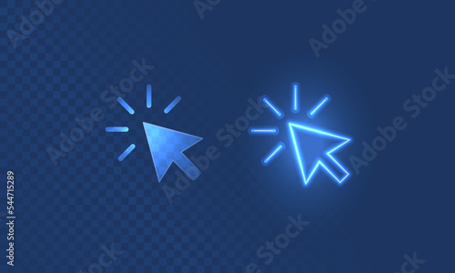 Cursor click here neon in light effect. Digital icon for navigation or pointer. Vector illustration of touch icon in in digital futuristic style on transparent background