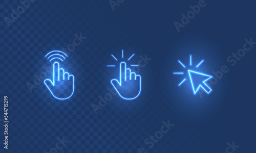 Click here of hand gesture in digital futuristic style on transparent background. Neon icon of hand movement on the touch screen. Vector illustration of touch effect icon in neon light effect