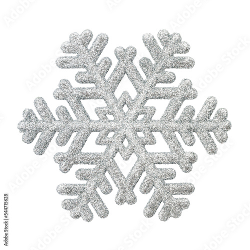 Silver Christmas ornament snowflake isolated on a white background.