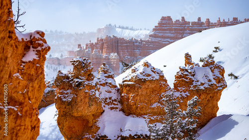 cold winter in bryce canyon national park, close-up on unique rock formations in utah covered in snow, orange rocks in snow, cold winter in the usa