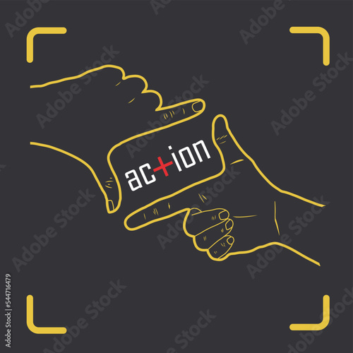 International cinema day in December 27. World photo day in August 19, 2023. Silhouette of human hands frame. Light! Camera! Action!