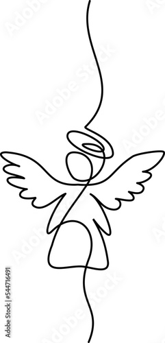 Christmas angel with wings, one line drawing,