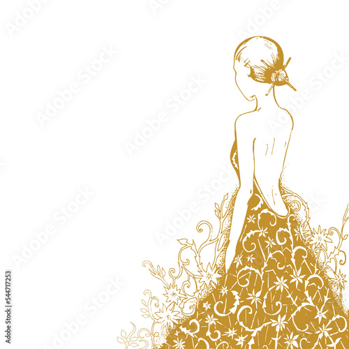 Beautiful woman fashion model with evening dress. Hand drawn Stylish luxury girl silhouette vector illustration
