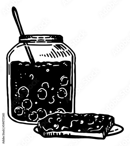 Jam spread on piece of toast bread, glass jar with jelly sketch. Doodle of sweet homemade winter season food. Hand drawn vector illustration. Single clip art isolated on white.