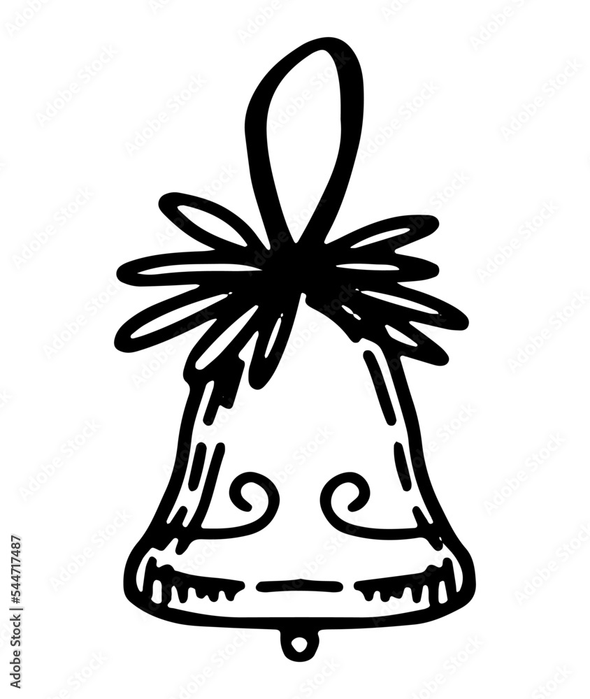 Doodle of hanging bell. Outline drawing of jingle handbell Christmas