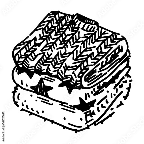 Doodle of stack of warm sweaters. Outline drawing of winter wear. Hand drawn vector illustration. Single clipart isolated on white background.
