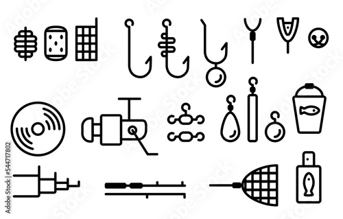 Vector icons set of tools for fishing. Internet shop illustration of ground and feeder fishing equipment.