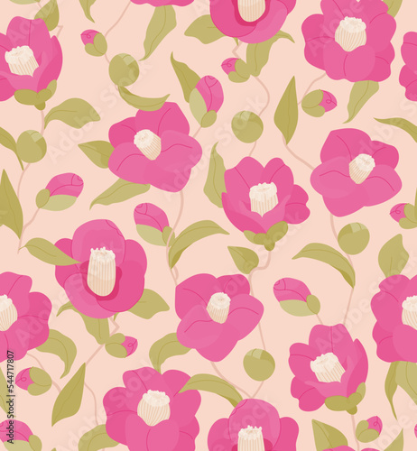 Pink Camellia flowers with leaves seamless vector pattern on beige background. Floral illustration for branding, package, fabric and textile, wrapping paper
