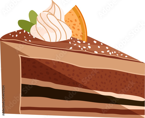 Slice of chocolate cake whipped cream on the top isolated on white background. Tasty mousse dessert vector illustrator for menu restaurant, birthday, cake icon, party