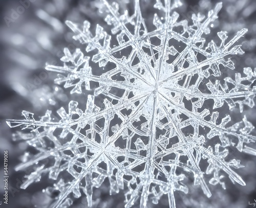 A single, beautiful snowflake sits atop a soft bed of white cotton. Its six sides are perfectly symmetrical, each one reflecting the light in a different way. The center of the flake is slightly darke photo