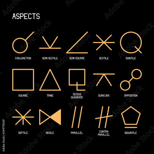 ASPECTS zodiac horoscope thin line label linear design esoteric stylized elements symbols signs. Vector illustration icons