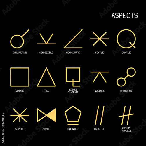 ASPECTS zodiac horoscope thin line label linear design esoteric stylized elements symbols signs. Vector illustration icons
