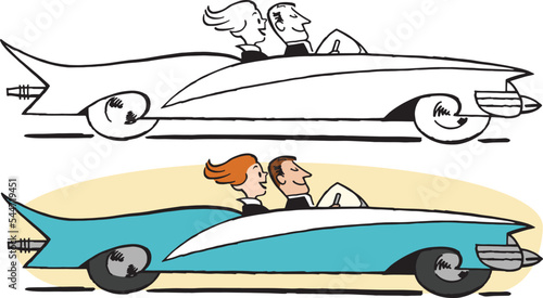 A vintage retro cartoon of a couple taking a drive in their convertible sports car. 