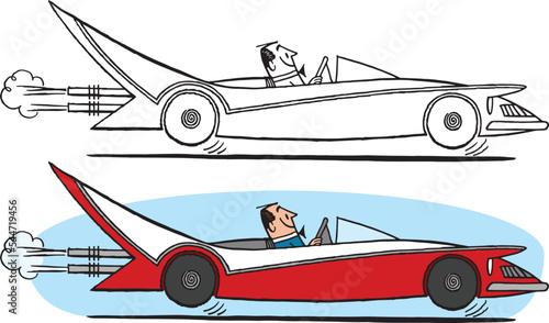 A vintage retro cartoon of a man taking a joyride in his convertible sports car. 
