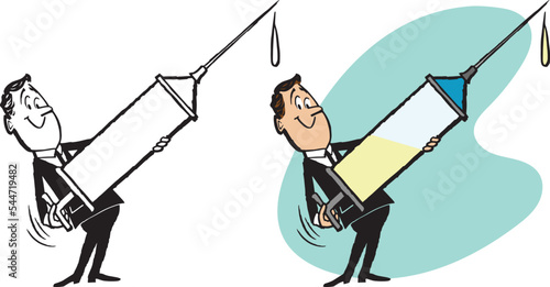 A vintage retro cartoon of a man holding a giant vaccination needle. 