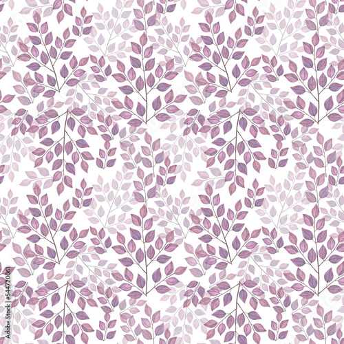 Watercolor seamless pattern with branch abstract purple leaves. Autumn Botanical clipart. Floral Design elements. Perfect for wedding invitations, greeting cards