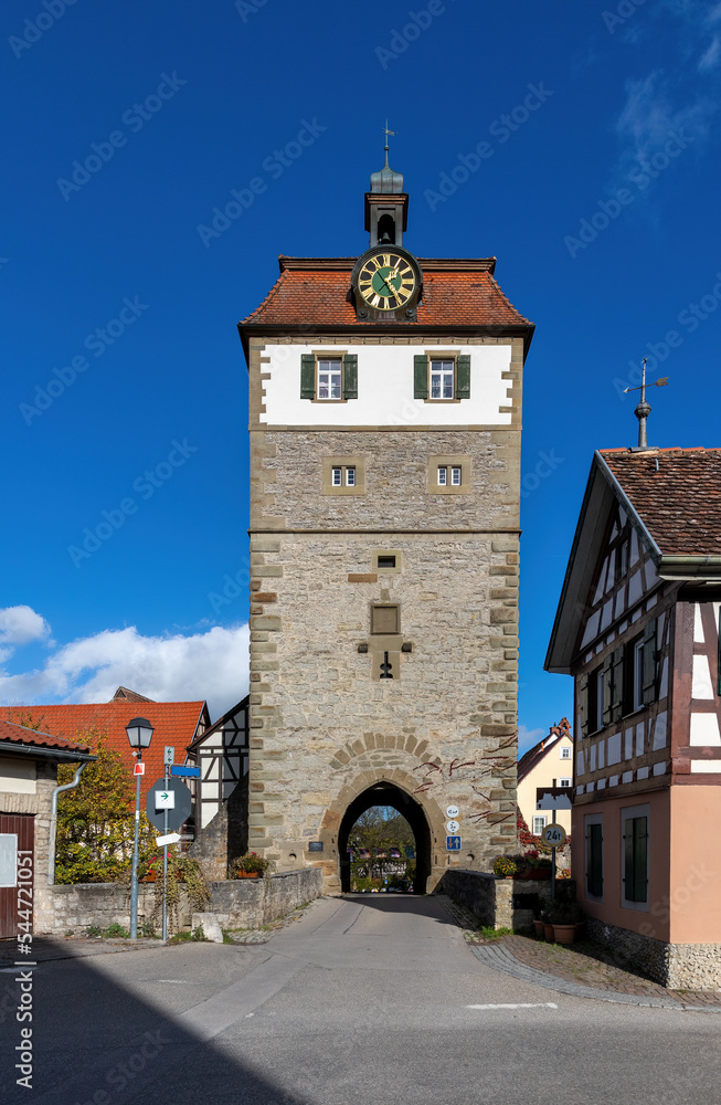 old, historical watchtower at the entrance to the old town of Vellberg in sunny autumn
