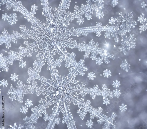 The snowflake crystal is a delicate and intricate work of nature. Its milky white center is surrounded by six symmetrical arms, each adorned with fragile looking icy branches. The whole structure spar