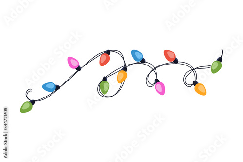 Festive multicolored garland on cable in flat style. Decoration, holiday concept. Graphic element.