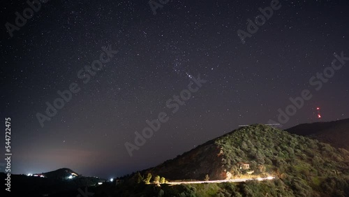 Timelapse of the night sky, stars and plane trails over the mountains