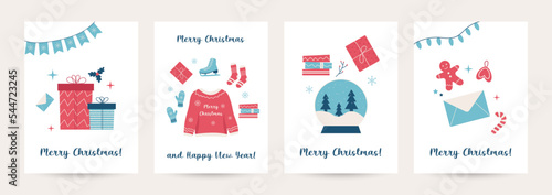 Collection of winter background set with gifts, trees, christmas hugge elements, editable vector illustration for christmas invitation, postcard and website banner, greeting cards with xmas decoration