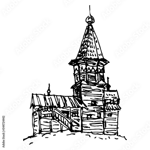 Tent-roof wooden chrurch of the Assumption in Kondopoga. Old Russian architecture. Hand drawn linear doodle rough sketch. Black silhouette on white background. photo