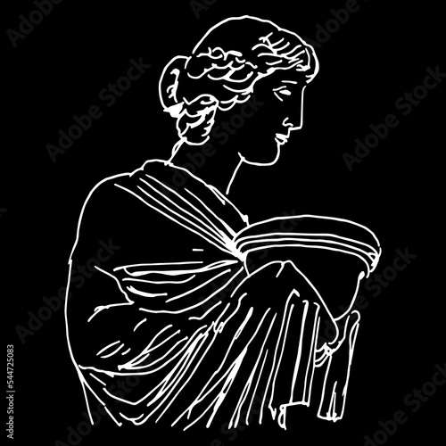 Antique female sculpture from Coburg. Beautiful lady or goddess holding vessel. Hand drawn linear doodle rough sketch. White silhouette on black background.