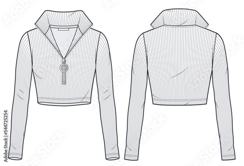 Long Sleeve Ribbed Top technical fashion illustration. Women's Top fashion flat technical drawing template, roll neck, cropped, slim fit, zipper closure, front and back view, white, CAD mockup set.