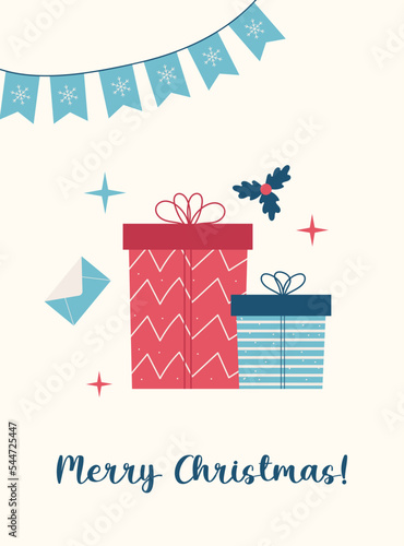 Winter hugge xmas background with gifts, trees, christmas hugge elements, editable vector illustration for christmas invitation, postcard and website banner, greeting cards with xmas decoration