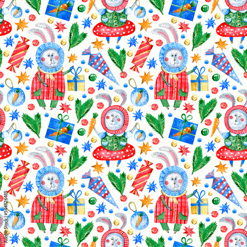 A pattern with cartoon hares surrounded by gifts in winter clothes. The watercolor pattern is made by hand. Suitable for holiday and wrapping paper.