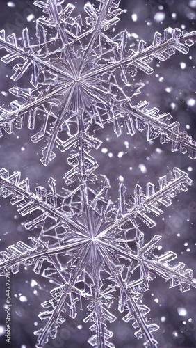 The photo is of a closeup of a snowflake. The snowflake is crystal clear and has intricate patterns. It is lying on a black background.